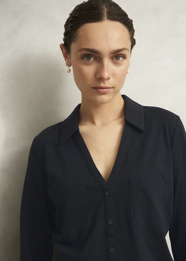 Hobbs Navy Zariah Cotton Slub 3/4 Sleeve Shirt Hobbs Navy