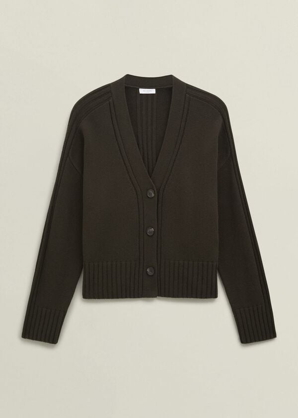 Hobbs Olive Wentworth Wool Blend V Neck Button Cardigan Dark Olive