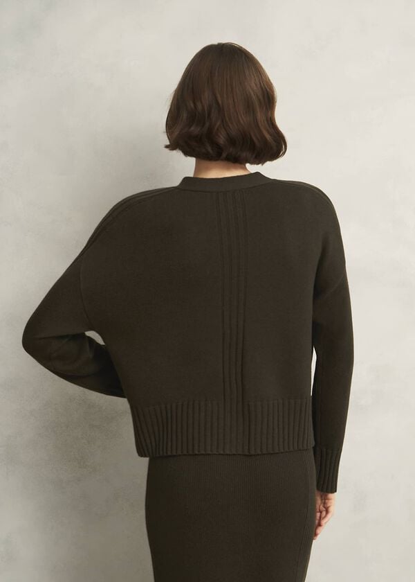 Hobbs Olive Wentworth Wool Blend V Neck Button Cardigan Dark Olive