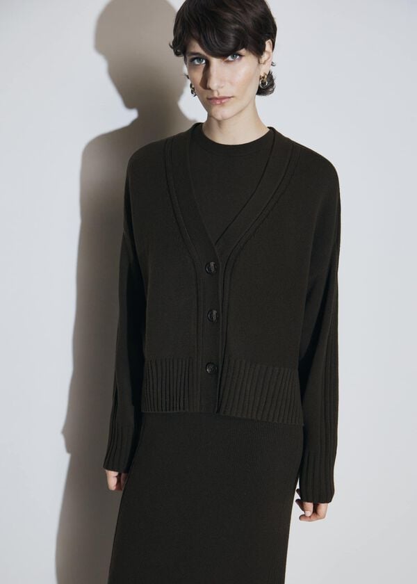 hobbs Olive Wentworth Wool Blend V Neck Button Cardigan Dark Olive