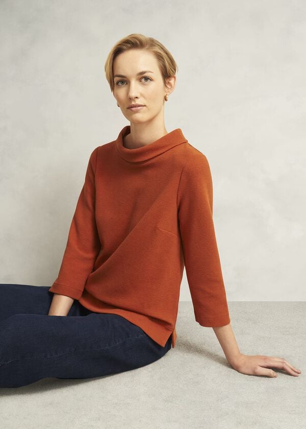 hobbs Orange Betsy Textured 3/4 Sleeve Roll Neck Top Sienna Orange