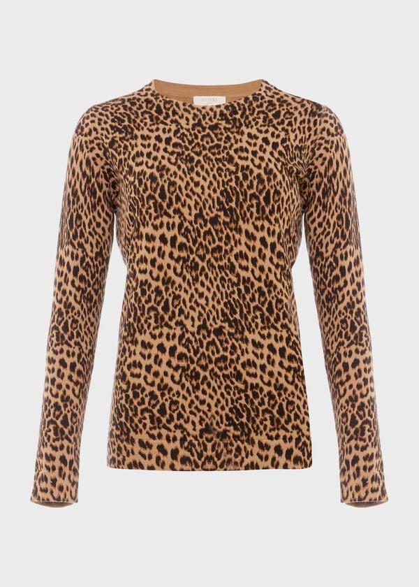 Hobbs Pamela Cotton Animal Print Jumper Camel Black