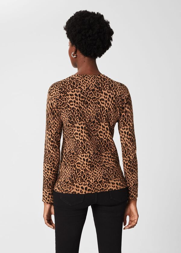 Hobbs Pamela Cotton Animal Print Jumper Camel Black