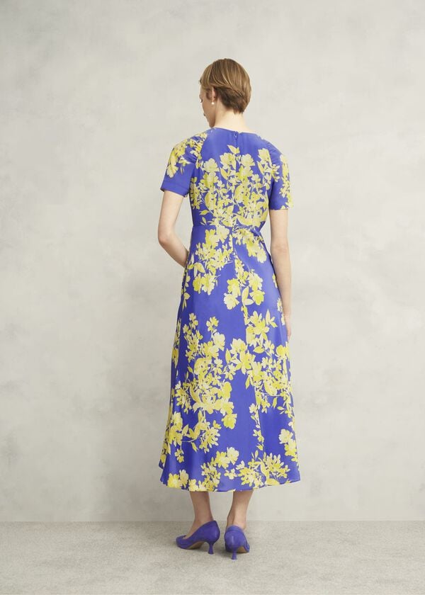 Hobbs Petite Ann Embellished Silk Dress Blue Yellow