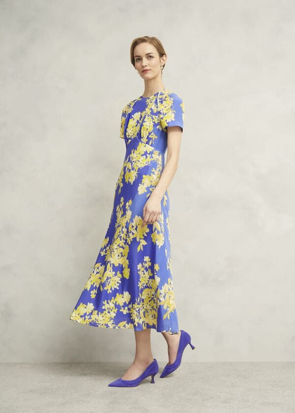 hobbs Petite Ann Embellished Silk Dress Blue Yellow