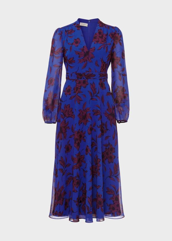Hobbs Petite Aurora Fit And Flare Printed Dress Blue Burgundy