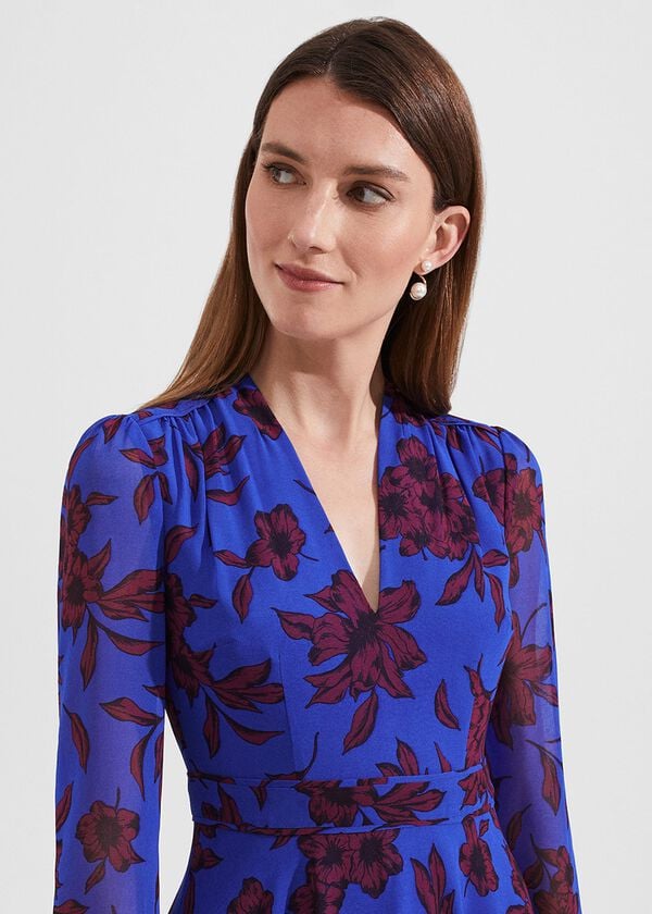 Hobbs Petite Aurora Fit And Flare Printed Dress Blue Burgundy