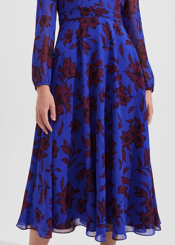 Hobbs Petite Aurora Fit And Flare Printed Dress Blue Burgundy