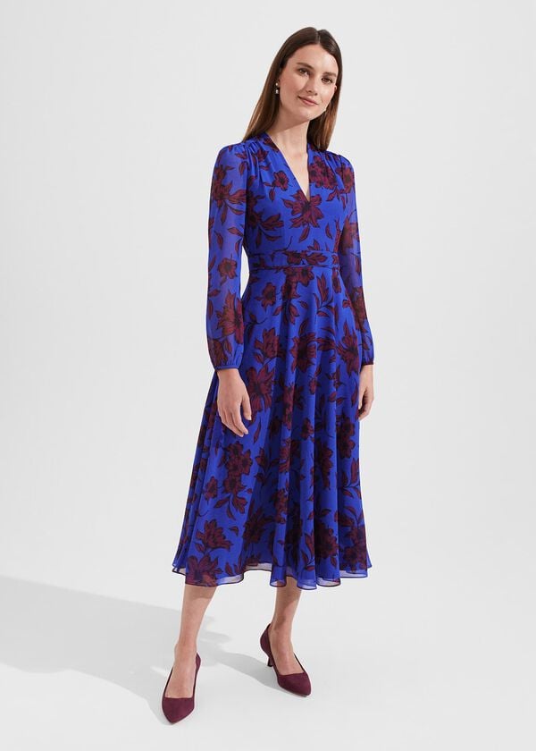 hobbs Petite Aurora Fit and Flare Printed Dress Blue Burgundy