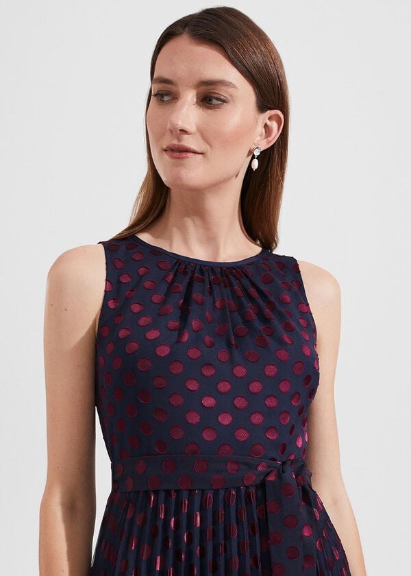 Hobbs Petite Blythe Devoree Midi Dress Navy Burgundy
