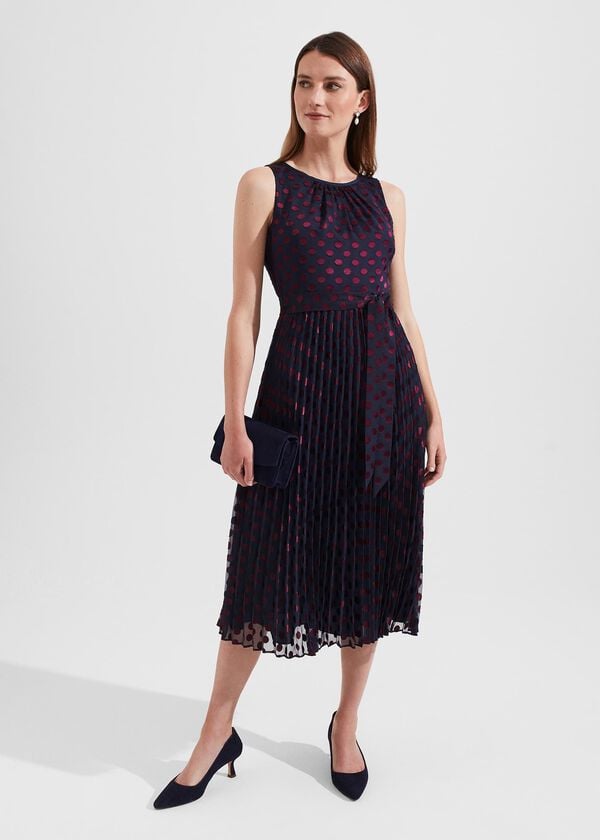 hobbs Petite Blythe Devoree Midi Dress Navy Burgundy