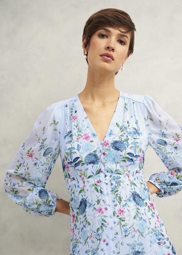 Hobbs Petite Caversham Floral Silk Dress Blue Multi
