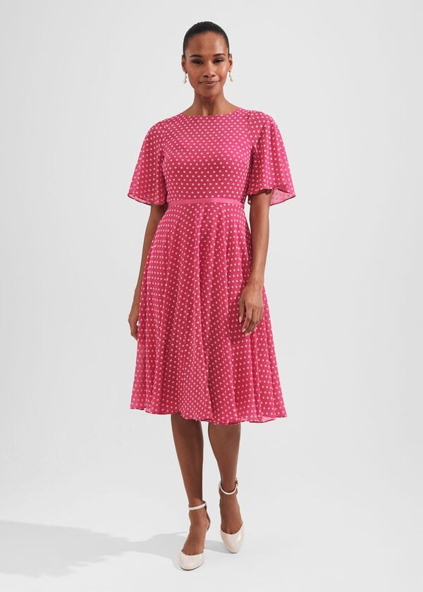 hobbs Petite Eleanor Spot Fit And Flare Dress Pink Ivory