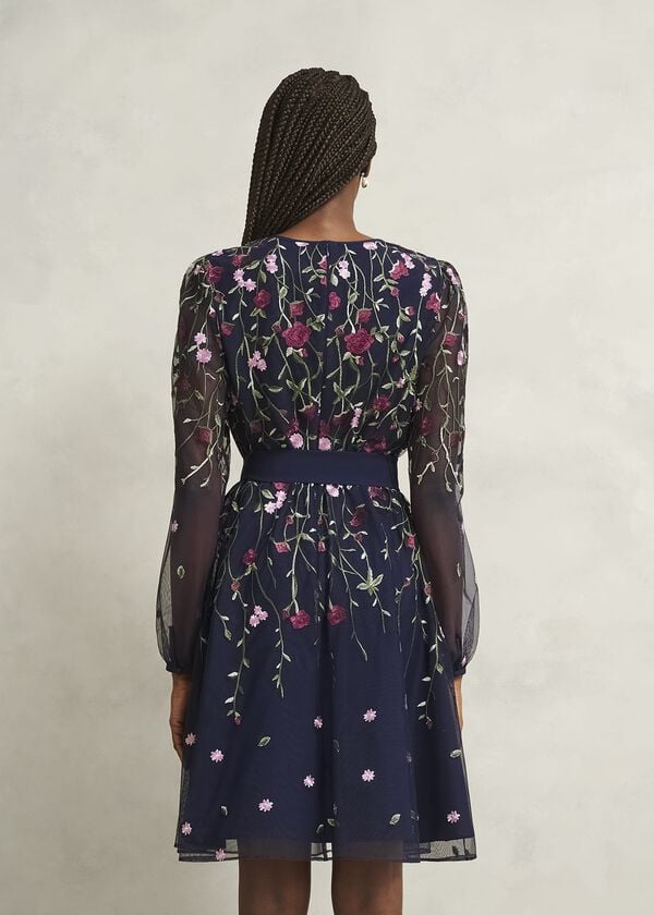 Hobbs Petite Emmy Embroidered Tie Mini Dress  Midnight Multi