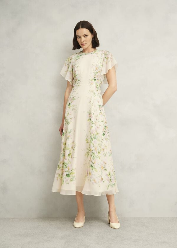 hobbs Petite Kim Plait Neck Floral Silk Dress Cream Multi