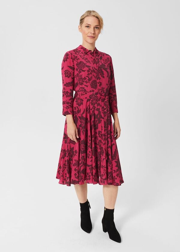 hobbs Petite Lainey Belted Fit And Flare Dress Rich Berry Red