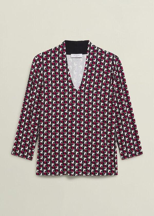 Hobbs Pink Aimee Printed V Neck 3/4 Sleeve Top Pink Ivory