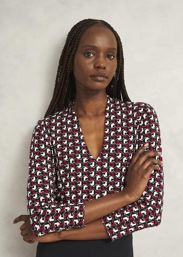 hobbs Pink Aimee Printed V Neck 3/4 Sleeve Top Pink Ivory