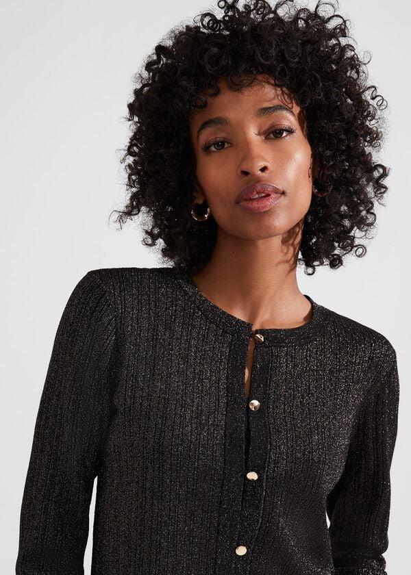 Hobbs Reena Sparkle Ribbed Knitted Cardigan Black Gold