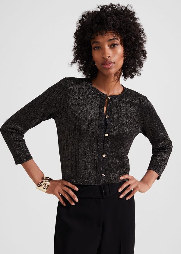 hobbs Reena Sparkle Ribbed Knitted Cardigan Black Gold