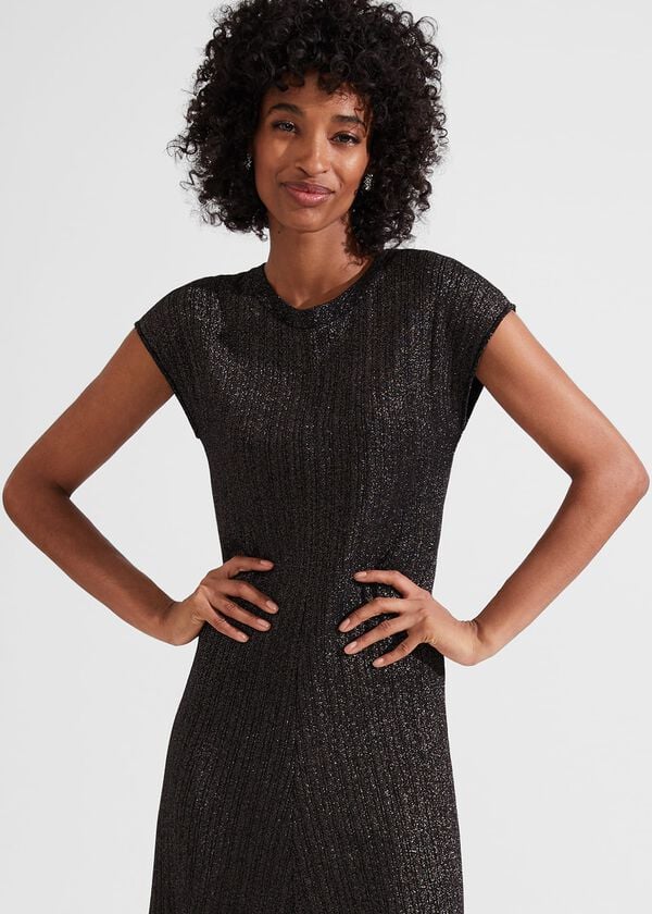 Hobbs Reena Sparkle Ribbed Knitted Dress Black Gold