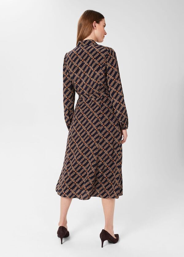 Hobbs Savannah Belted Fit And Flare Dress Navy Multi