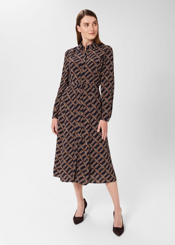 hobbs Savannah Belted Fit And Flare Dress Navy Multi