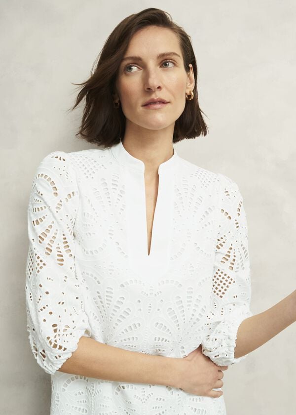 Hobbs White Easedale Cotton Broderie Dress Hobbs White