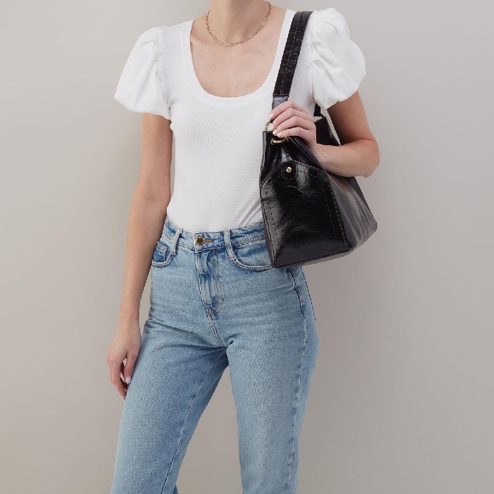 Hobo Seneca Shoulder Bag Polished Leather| Black