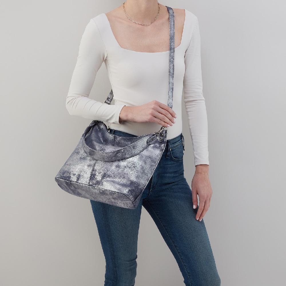 Hobo Pier Shoulder Bag Metallic Leather| Blue Pewter