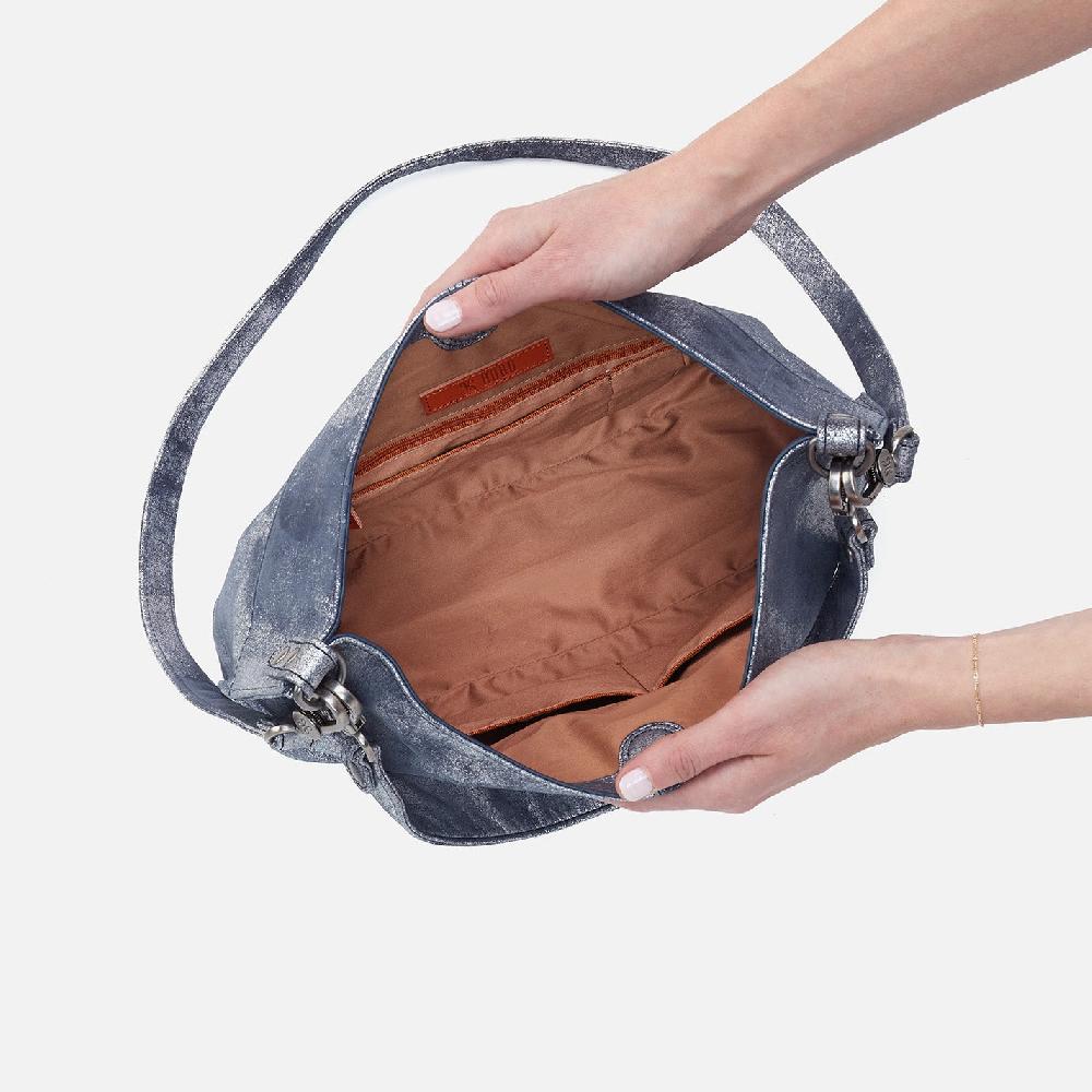 Hobo Pier Shoulder Bag Metallic Leather| Blue Pewter