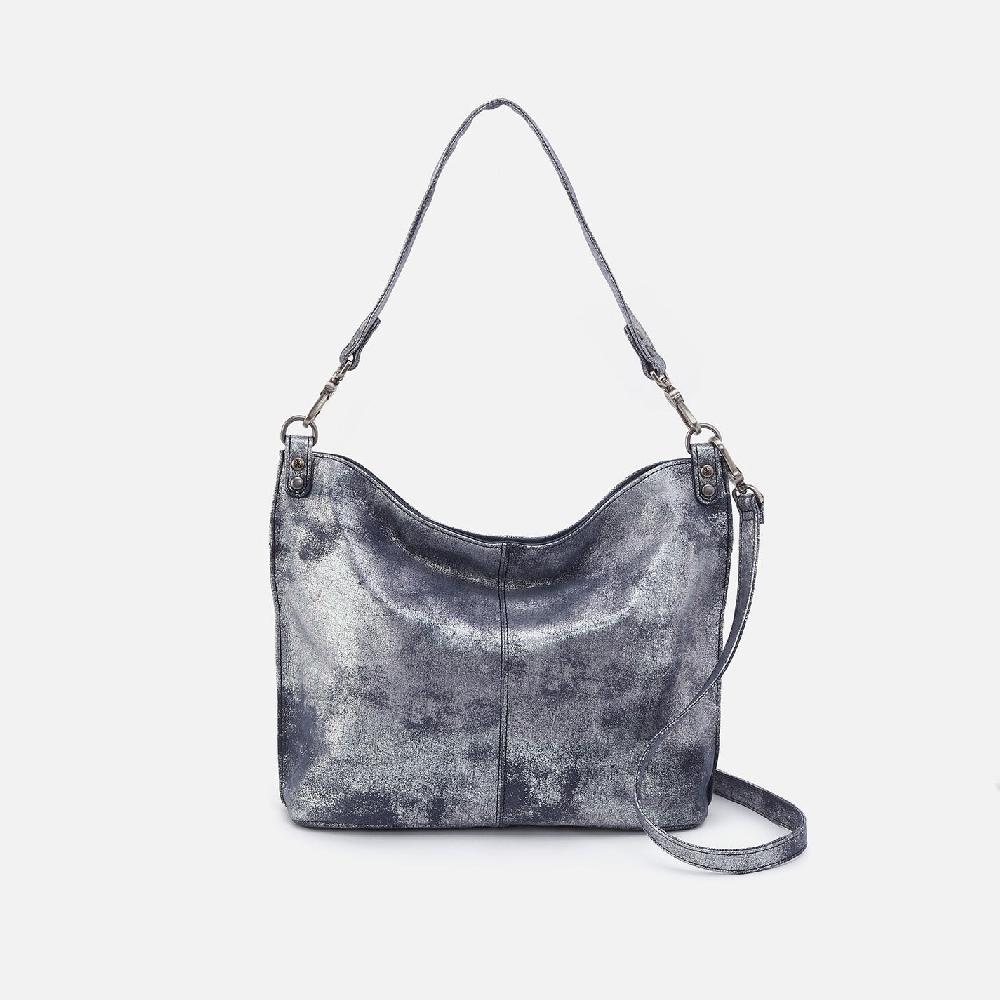 hobo Pier Shoulder Bag Metallic Leather| Blue Pewter