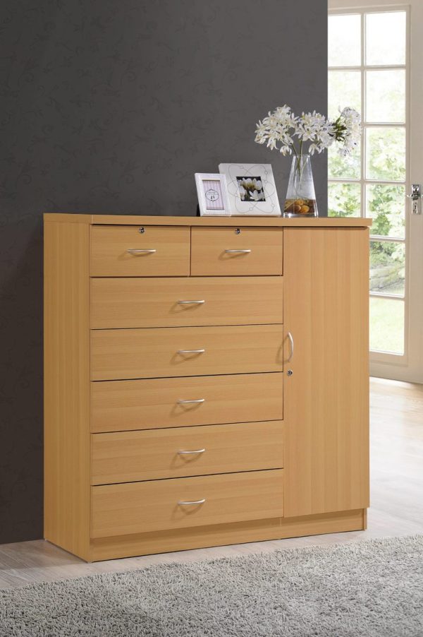 Hodedah Hodedah 7-Drawer Chest With Locks On 2-Top Drawers Plus 1-Door With 3-Shelves