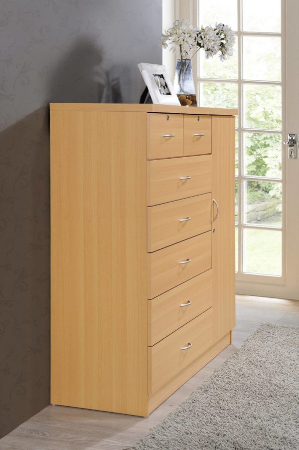 Hodedah Hodedah 7-Drawer Chest With Locks On 2-Top Drawers Plus 1-Door With 3-Shelves