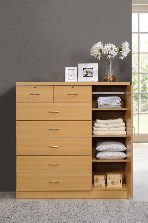 Hodedah Hodedah 7-Drawer Chest With Locks On 2-Top Drawers Plus 1-Door With 3-Shelves