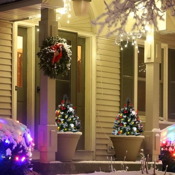 Homcom 2.5 Ft/30" 2 Pack Outdoor Entryway Pre Lit Artificial Christmas Tree Warm White LED Green
