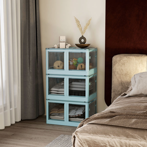 Homcom 3 Packs Of Collapsible Stackable Storage Bins With Lids Wheels 18 Gal Blue