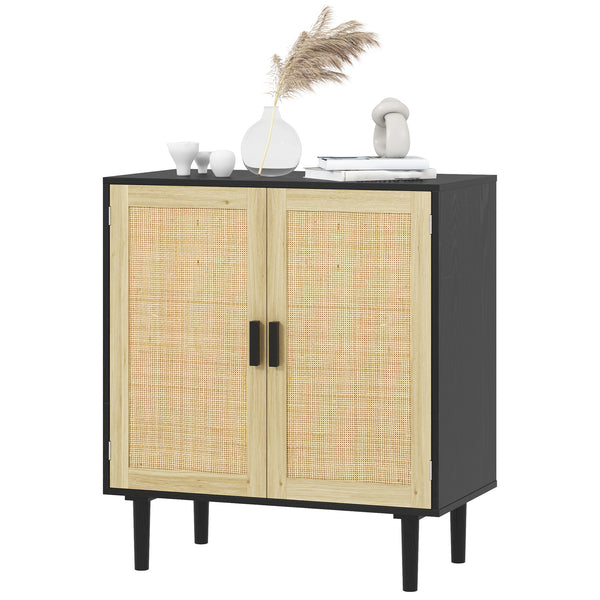 Homcom 32" Boho Sideboard Buffet Cabinet Rattan Coffee Bar Cabinet W/ 4 Doors & Shelves Black