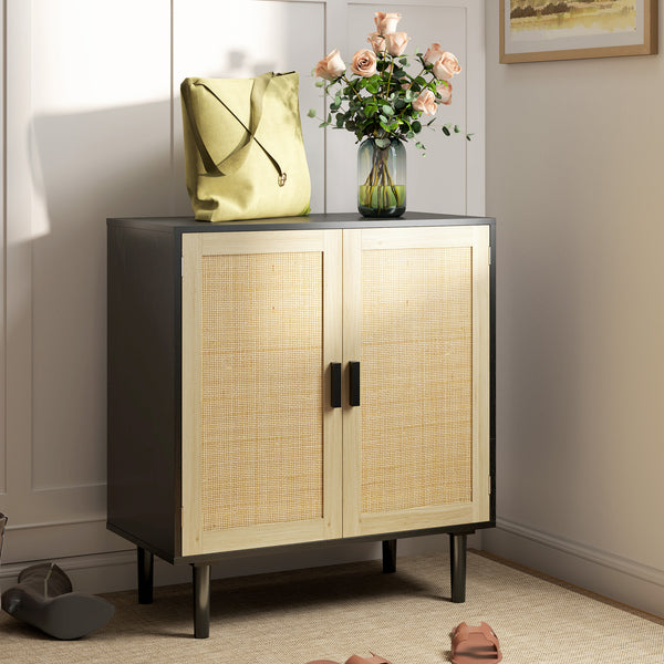 Homcom 32" Boho Sideboard Buffet Cabinet Rattan Coffee Bar Cabinet W/ 4 Doors & Shelves Black
