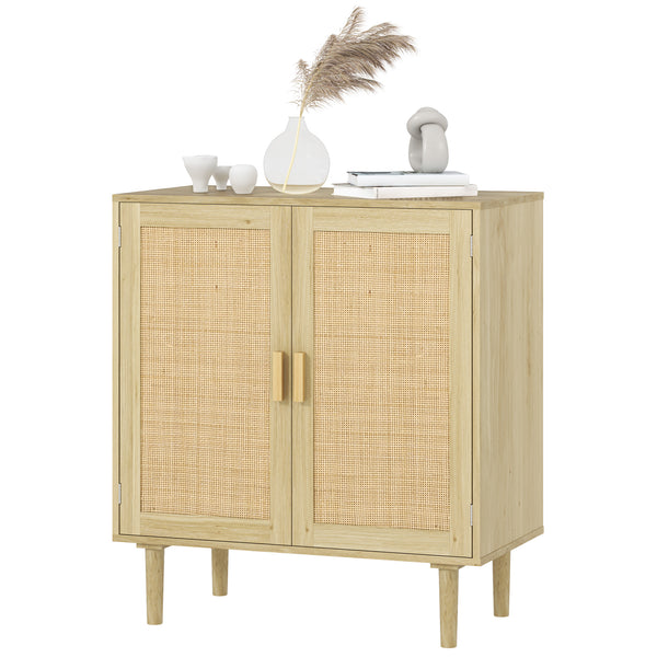Homcom 32" Boho Sideboard Buffet Cabinet Rattan Coffee Bar Cabinet W/ 4 Doors & Shelves Natural