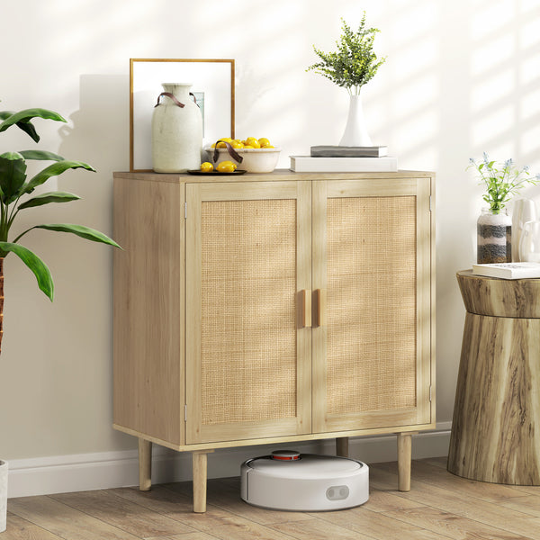 Homcom 32" Boho Sideboard Buffet Cabinet Rattan Coffee Bar Cabinet W/ 4 Doors & Shelves Natural