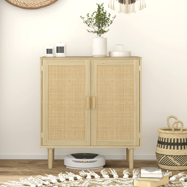 Homcom 32" Boho Sideboard Buffet Cabinet Rattan Coffee Bar Cabinet W/ 4 Doors & Shelves Natural
