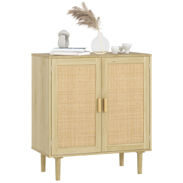 homcom 32" Boho Sideboard Buffet Cabinet Rattan Coffee Bar Cabinet w/ 4 Doors & Shelves Natural