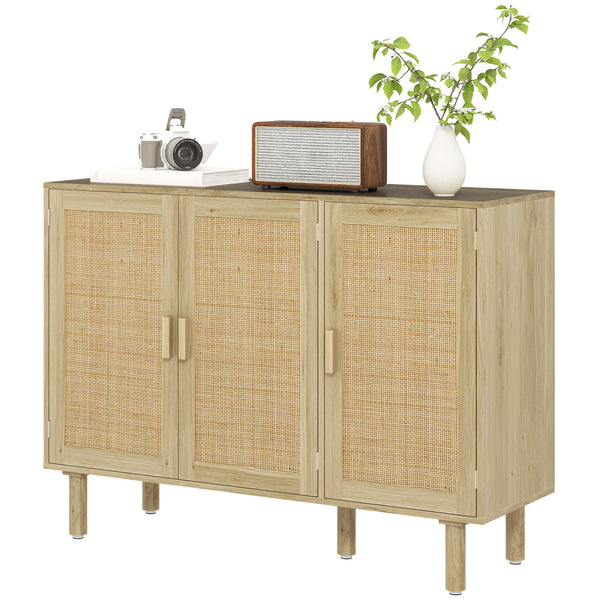 Homcom 47" Boho Sideboard Buffet Cabinet Rattan Coffee Bar Cabinet W/ 4 Doors & Shelves Natural