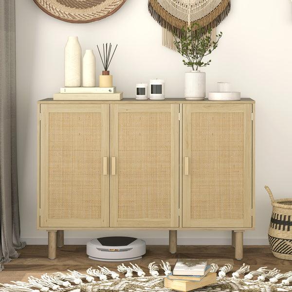 Homcom 47" Boho Sideboard Buffet Cabinet Rattan Coffee Bar Cabinet W/ 4 Doors & Shelves Natural