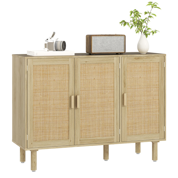 homcom 47" Boho Sideboard Buffet Cabinet Rattan Coffee Bar Cabinet w/ 4 Doors & Shelves Natural