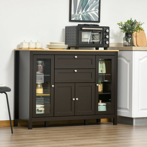 Homcom 47" Sideboard Buffet Cabinet With Rubber Wood Top Glass Door Coffee Bar Cabinet Brown