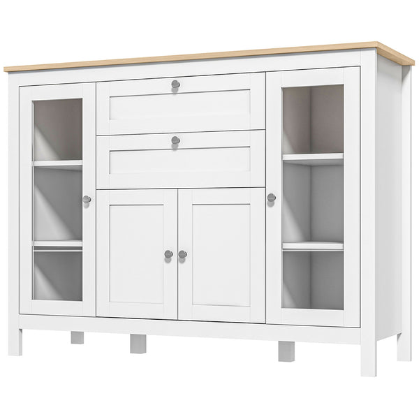 Homcom 47" Sideboard Buffet Cabinet With Rubber Wood Top Glass Door Coffee Bar Cabinet White
