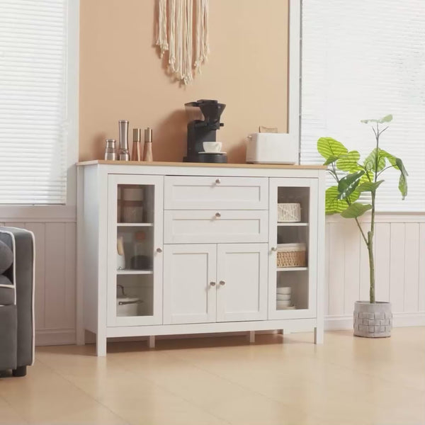 Homcom 47" Sideboard Buffet Cabinet With Rubber Wood Top Glass Door Coffee Bar Cabinet White
