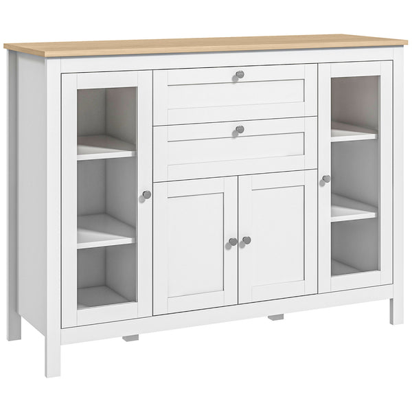 homcom 47" Sideboard Buffet Cabinet with Rubber Wood Top Glass Door Coffee Bar Cabinet White